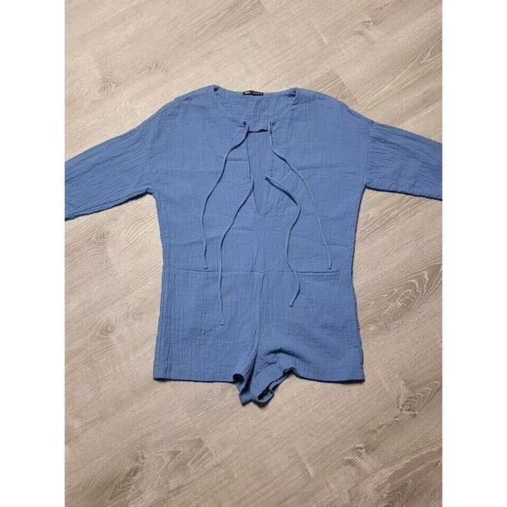 Zara Women's Blue Textured Crepe Long Sleeve Romper‎ Size Small